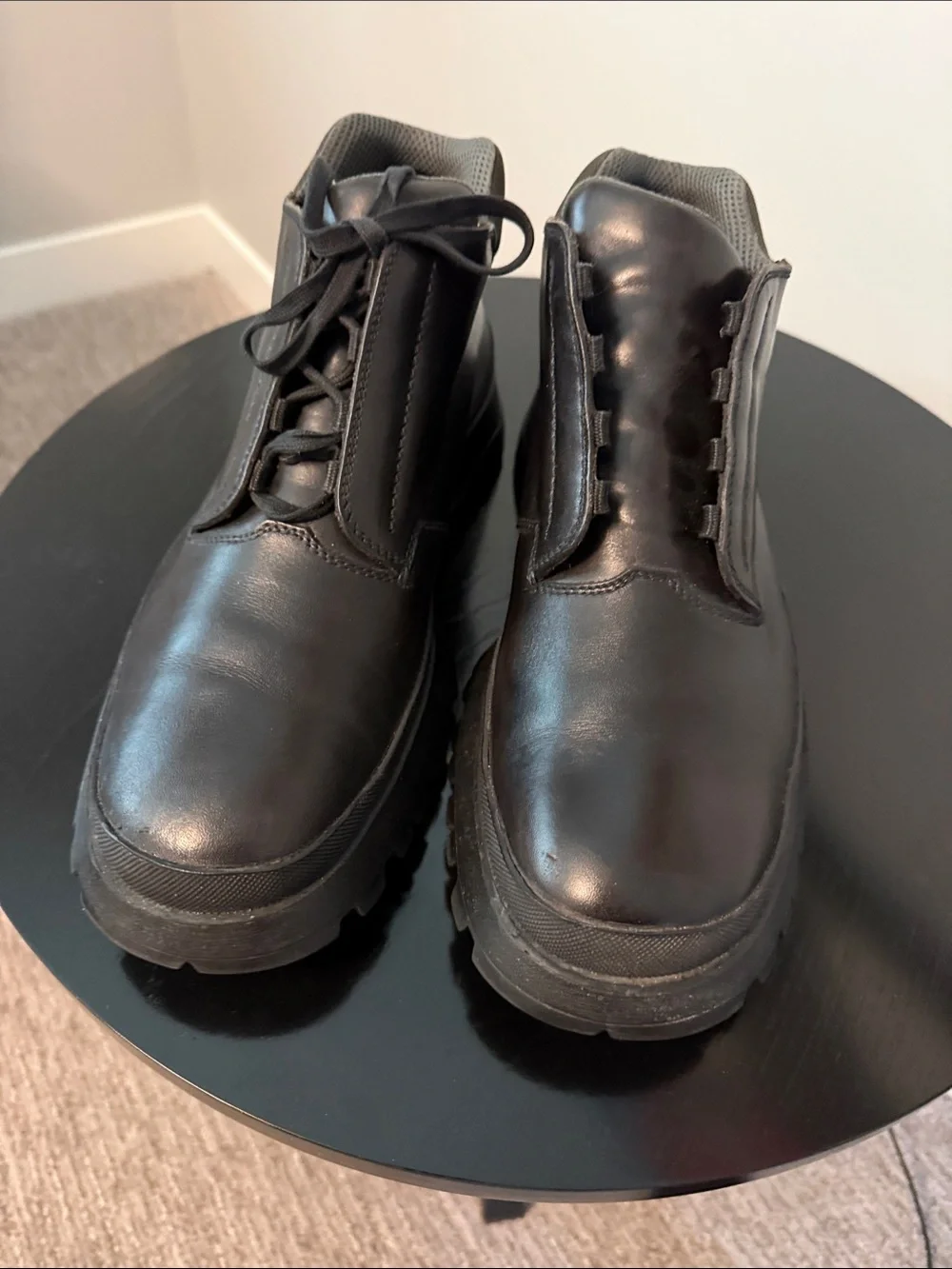Prada Black Leather Lug-Soled Ankle Boots